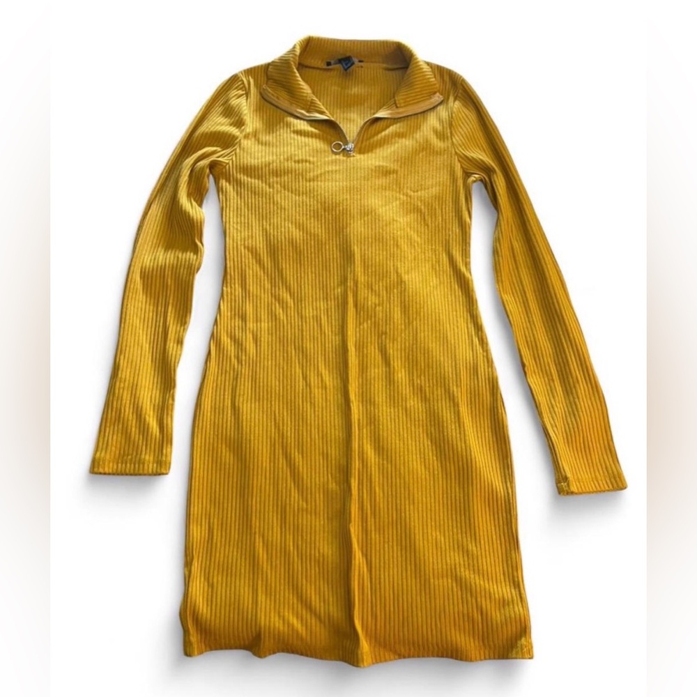 Forever 21 Mustard Yellow Ribbed Long Sleeve Zip-Neck Dress